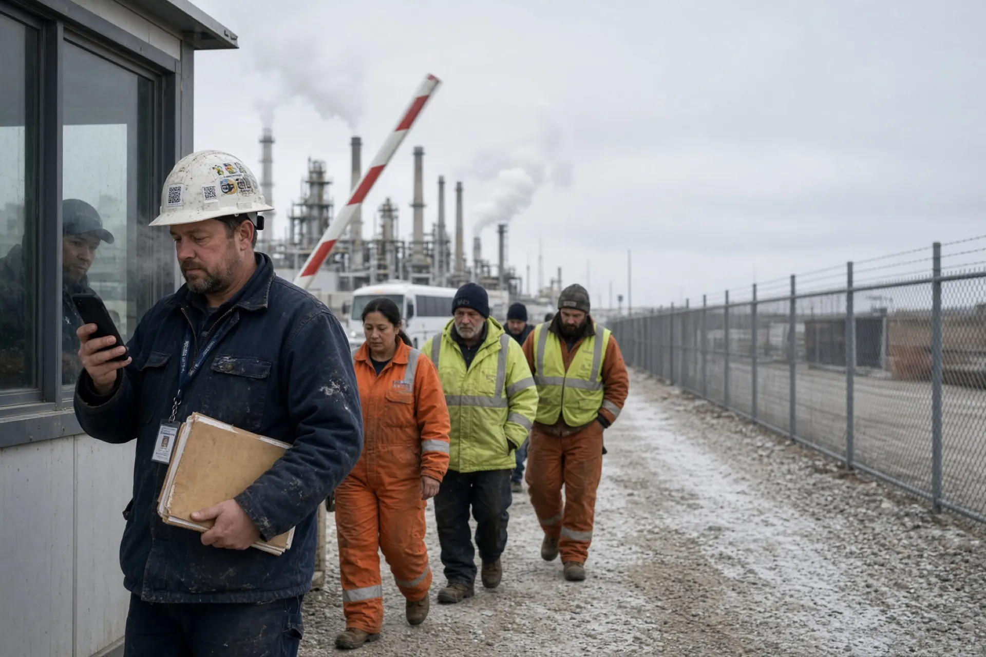 Oliu® illustration of a worker presenting a credential at a site entrance